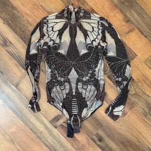 Elegant Butterfly Print Sheer Bodysuit - Brown
